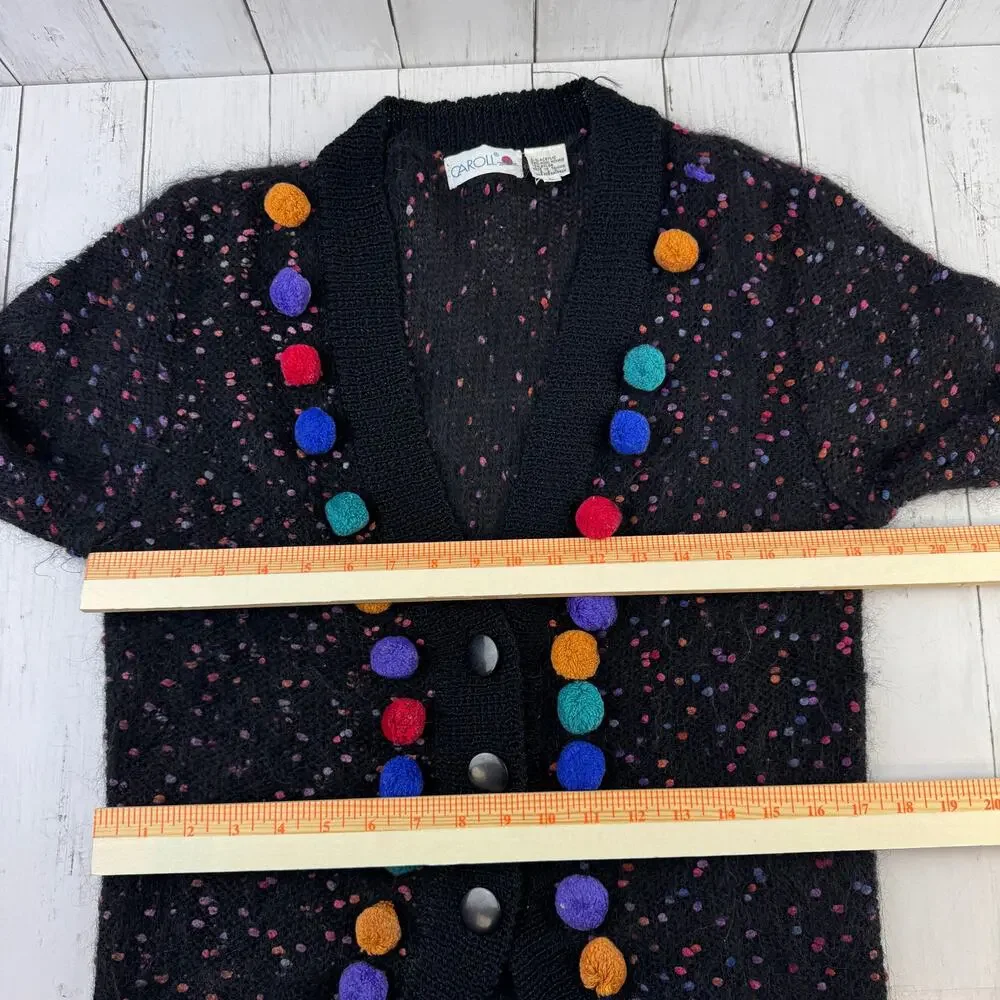 VTG Caroll Black Multi Polka Dot Pom-Poms Mohair-Acrylic Cardigan Size Large